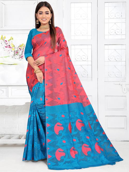 women blue & pink self design jamdani saree with blouse - 20610189 -  Standard Image - 0