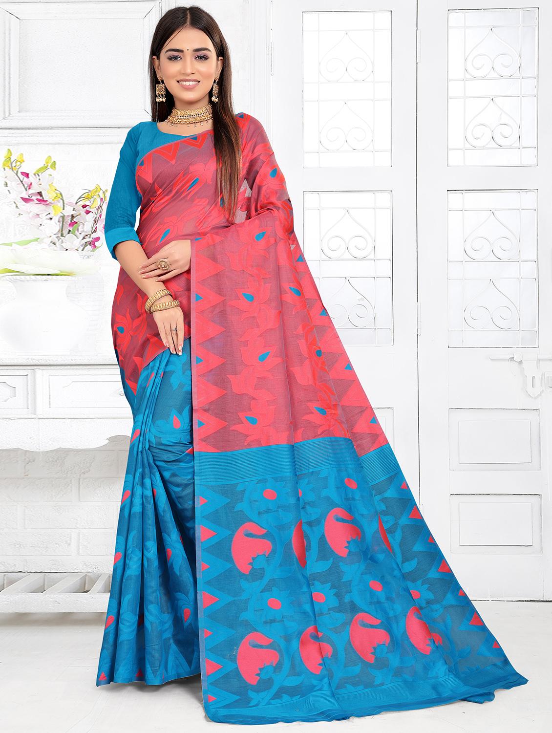 women blue & pink self design jamdani saree with blouse - 20610189 -  Zoom Image - 0
