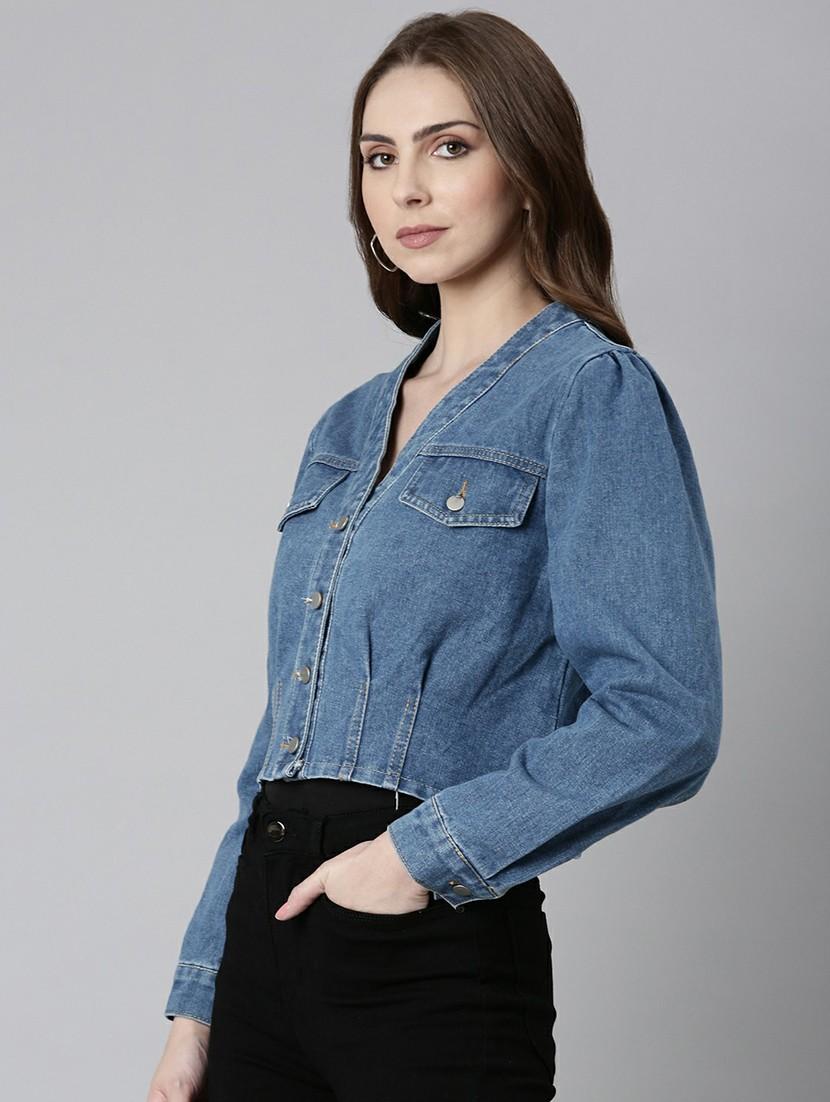 women v-neck blue solid denim jacket - 20610313 - Standard Image - 1