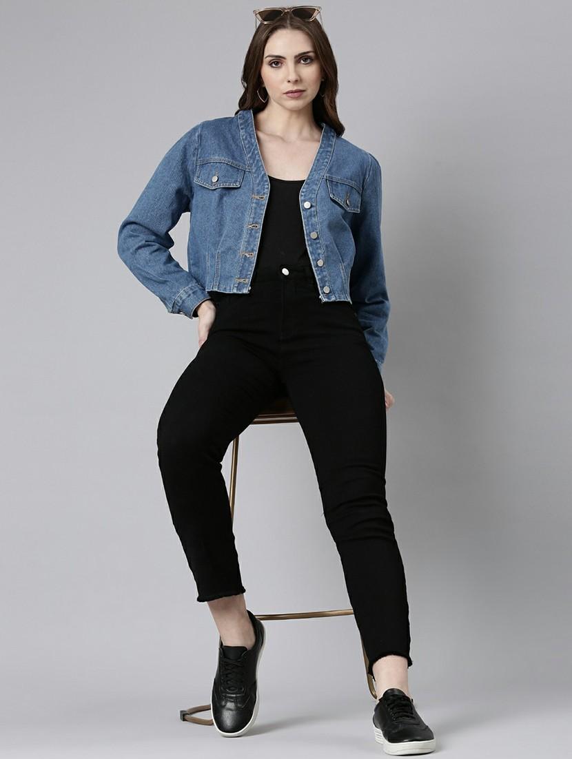 women v-neck blue solid denim jacket - 20610313 - Standard Image - 4