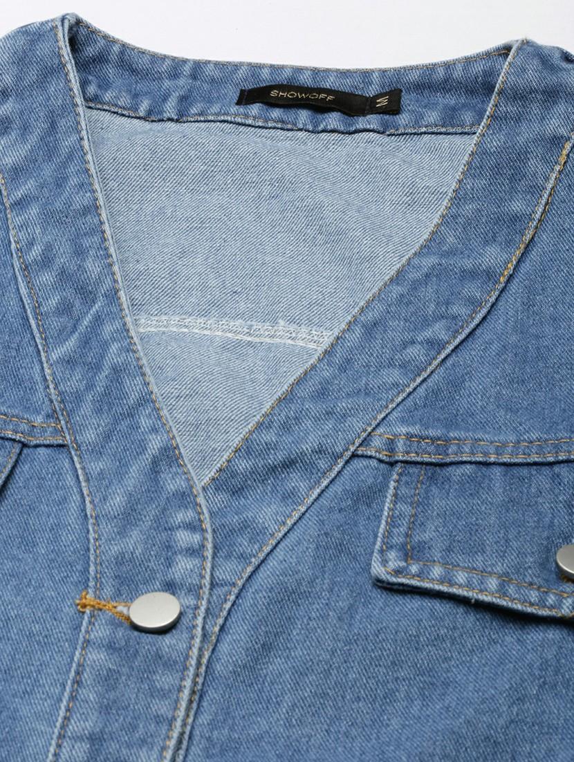 women v-neck blue solid denim jacket - 20610313 - Standard Image - 6