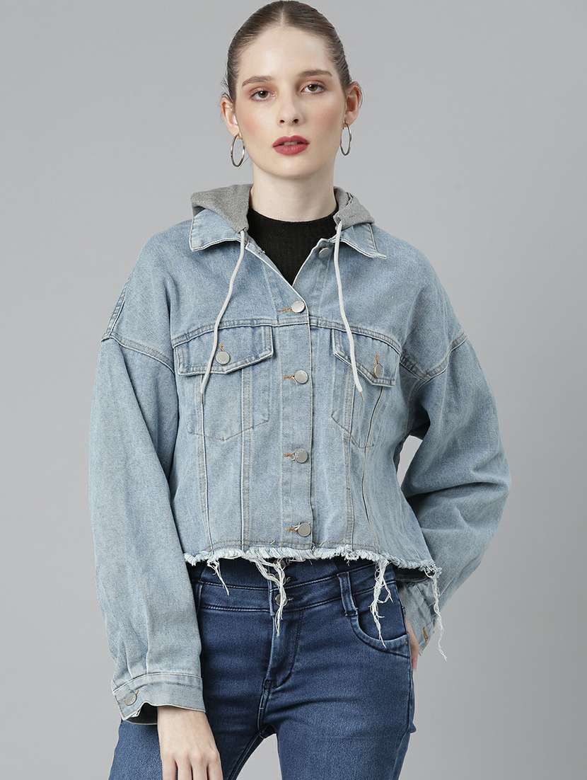 women light blue solid cropped denim jacket