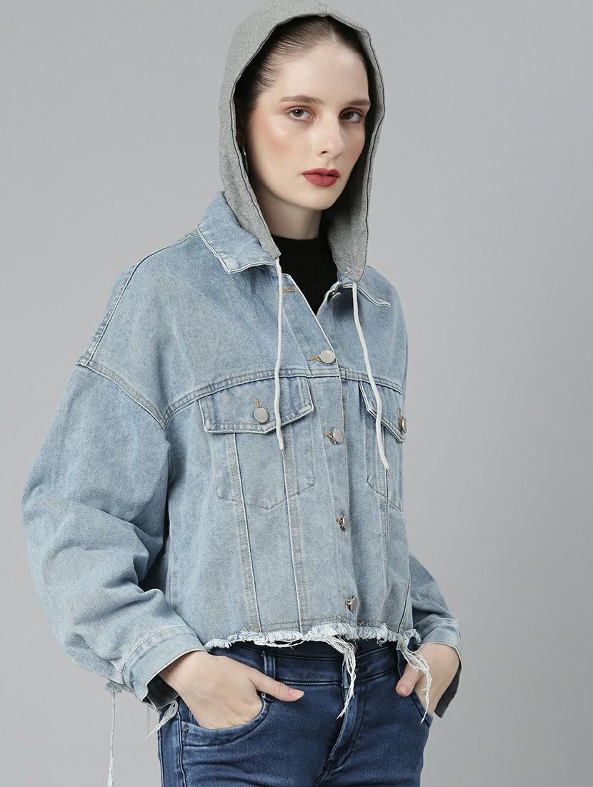 women light blue solid cropped denim jacket - 20610314 -  Standard Image - 1
