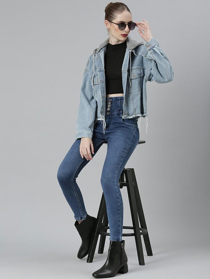 women light blue solid cropped denim jacket - 20610314 - Standard Image - 4