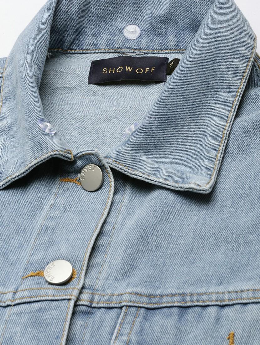 women light blue solid cropped denim jacket - 20610314 - Standard Image - 6
