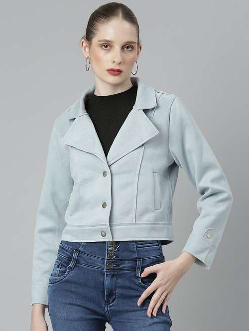 women light blue solid regular jacket - 20610316 - Standard Image - 0