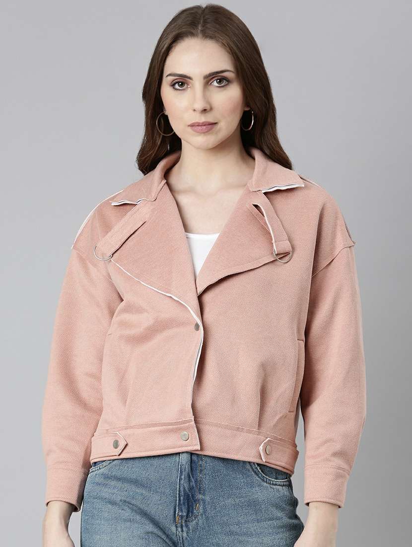 women peach solid regular jacket