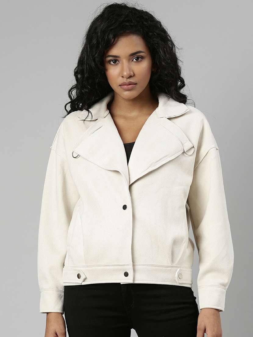 women cream solid long sleeve regular jacket