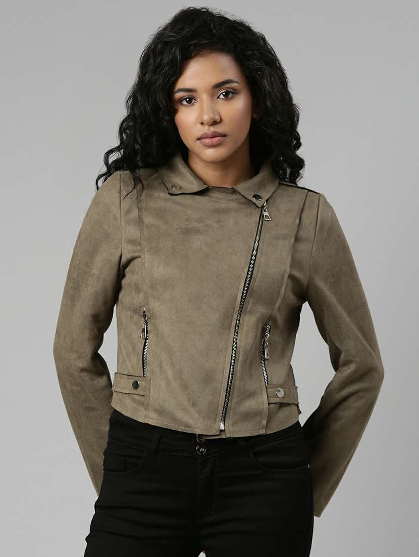 women olive solid regular jacket