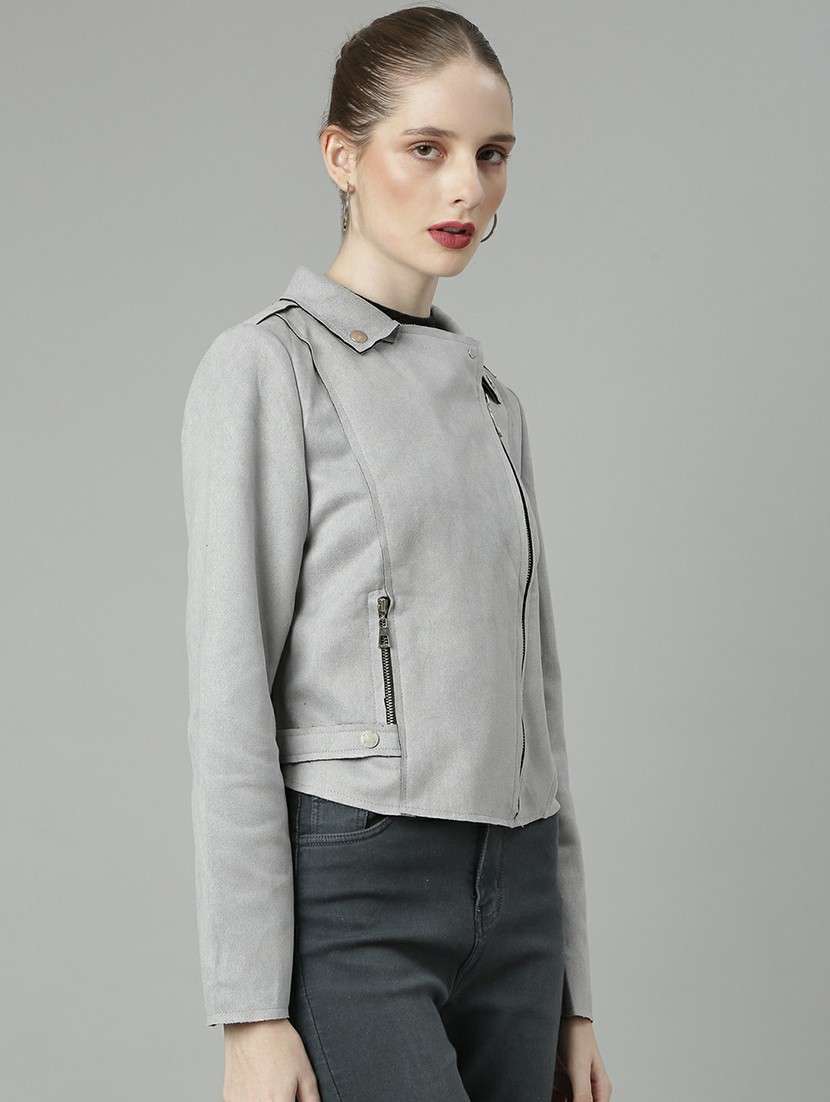 women grey solid regular jacket - 20610322 -  Standard Image - 1