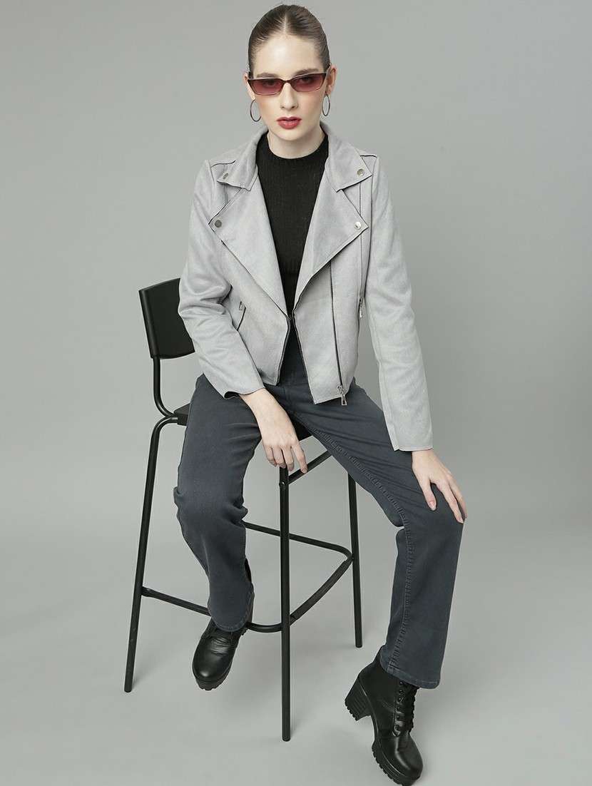 women grey solid regular jacket - 20610322 -  Standard Image - 4
