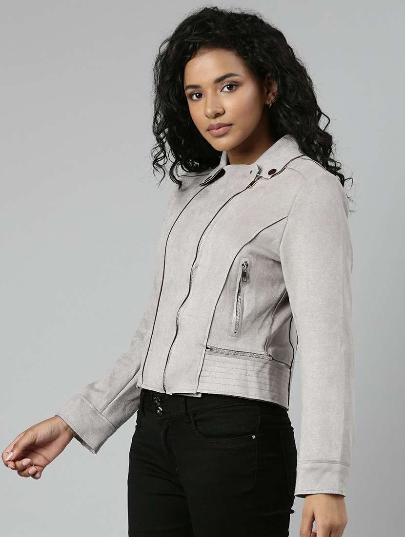 women grey solid regular jacket - 20610323 - Standard Image - 1