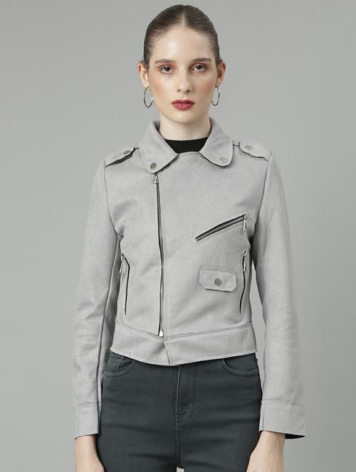 women grey solid regular jacket - 20610328 - Standard Image - 0