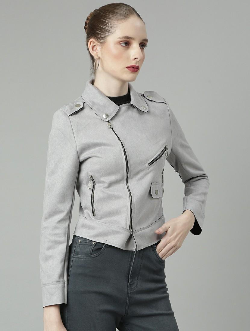 women grey solid regular jacket - 20610328 - Standard Image - 1
