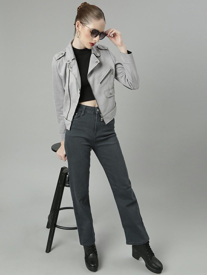 women grey solid regular jacket - 20610328 - Standard Image - 4