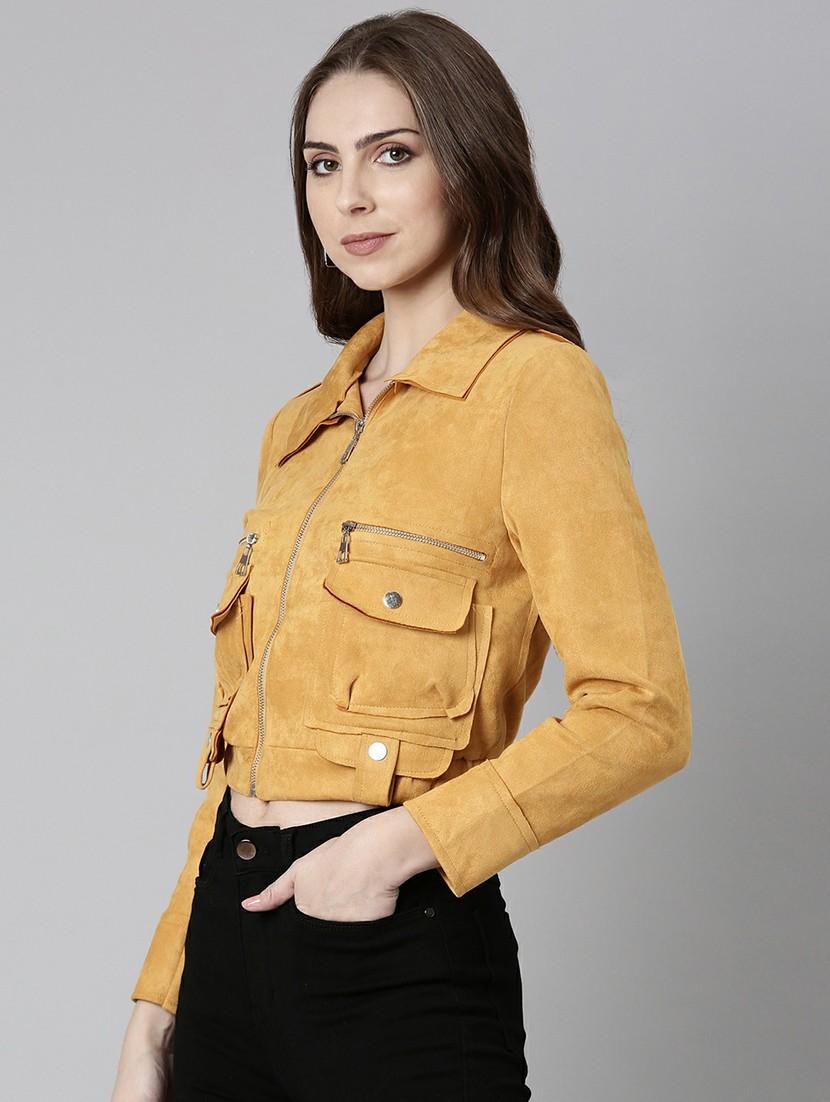 women mustard solid regular jacket - 20610330 - Standard Image - 1