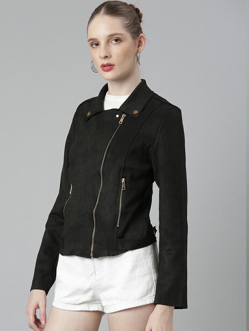women black solid regular jacket - 20610335 - Standard Image - 1