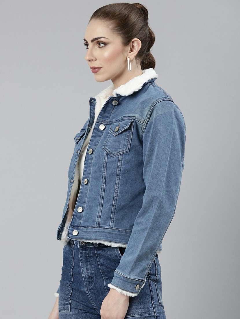 women blue solid denim jacket - 20610343 -  Standard Image - 1