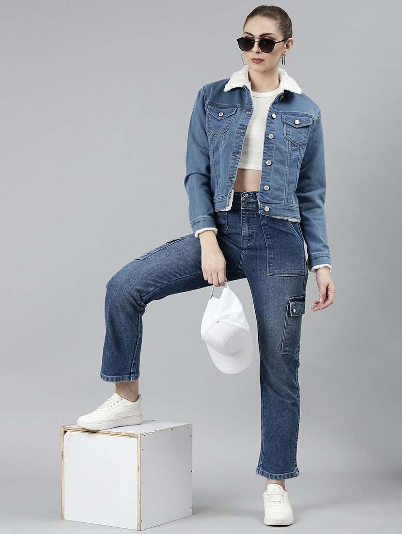 women blue solid denim jacket - 20610343 -  Standard Image - 4
