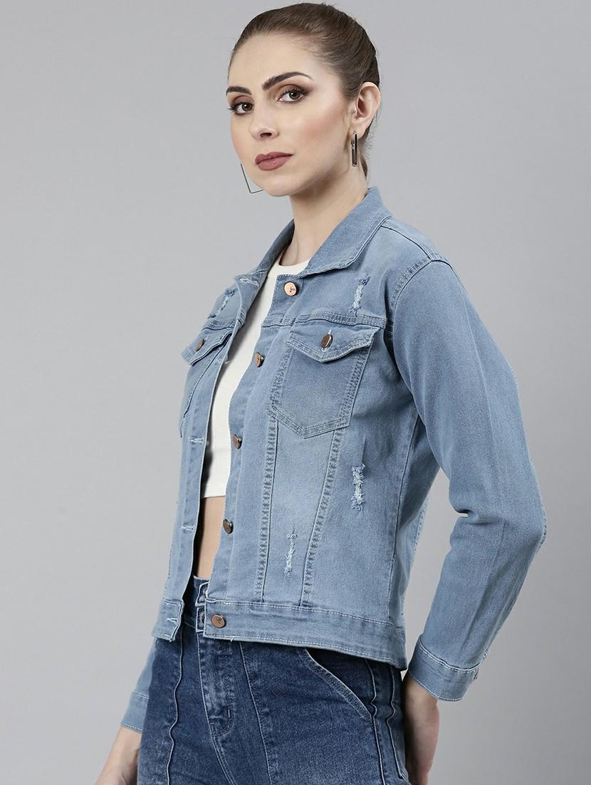 women light blue solid denim jacket - 20610348 - Standard Image - 1