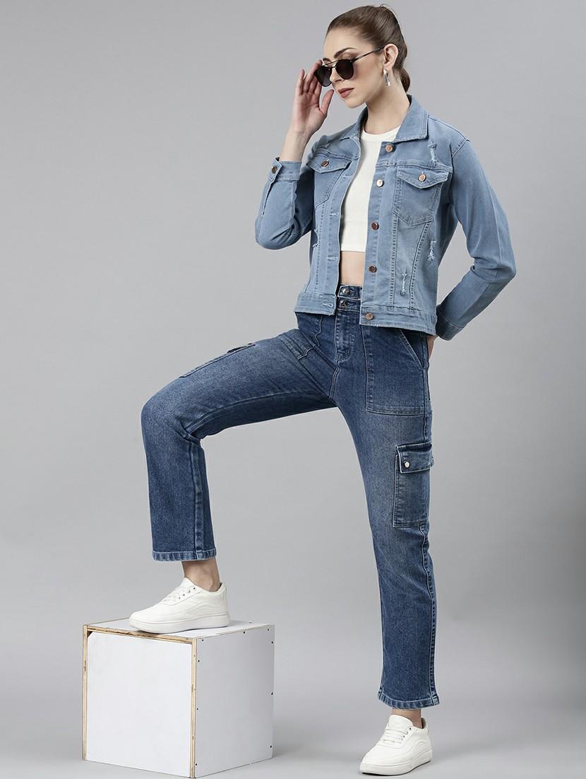 women light blue solid denim jacket - 20610348 - Standard Image - 4
