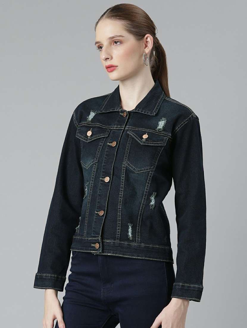 women navy blue solid denim summer jacket - 20610349 -  Standard Image - 1