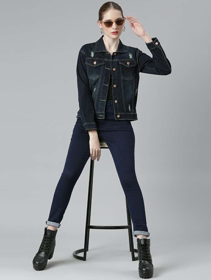 women navy blue solid denim summer jacket - 20610349 -  Standard Image - 4