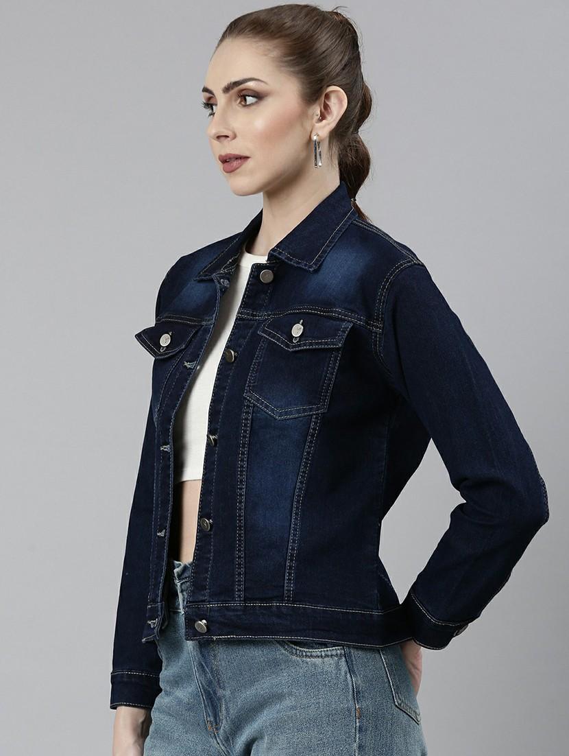 women navy blue solid denim jacket - 20610351 - Standard Image - 1