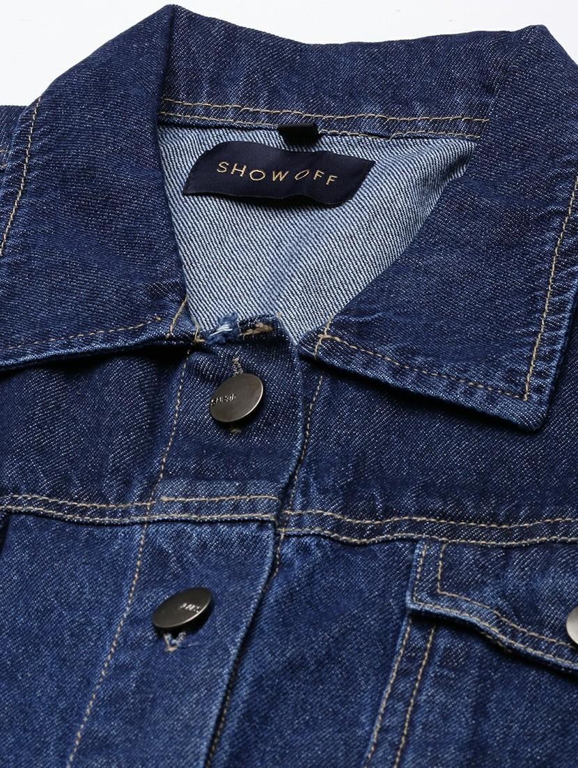women navy blue solid denim jacket - 20610351 - Standard Image - 6