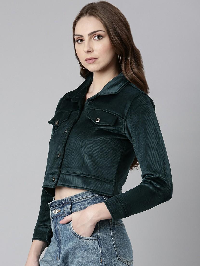 women bottle green solid regular jacket - 20610353 -  Standard Image - 1