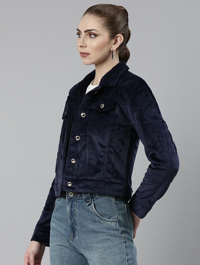women navy blue solid regular jacket - 20610356 - Standard Image - 1