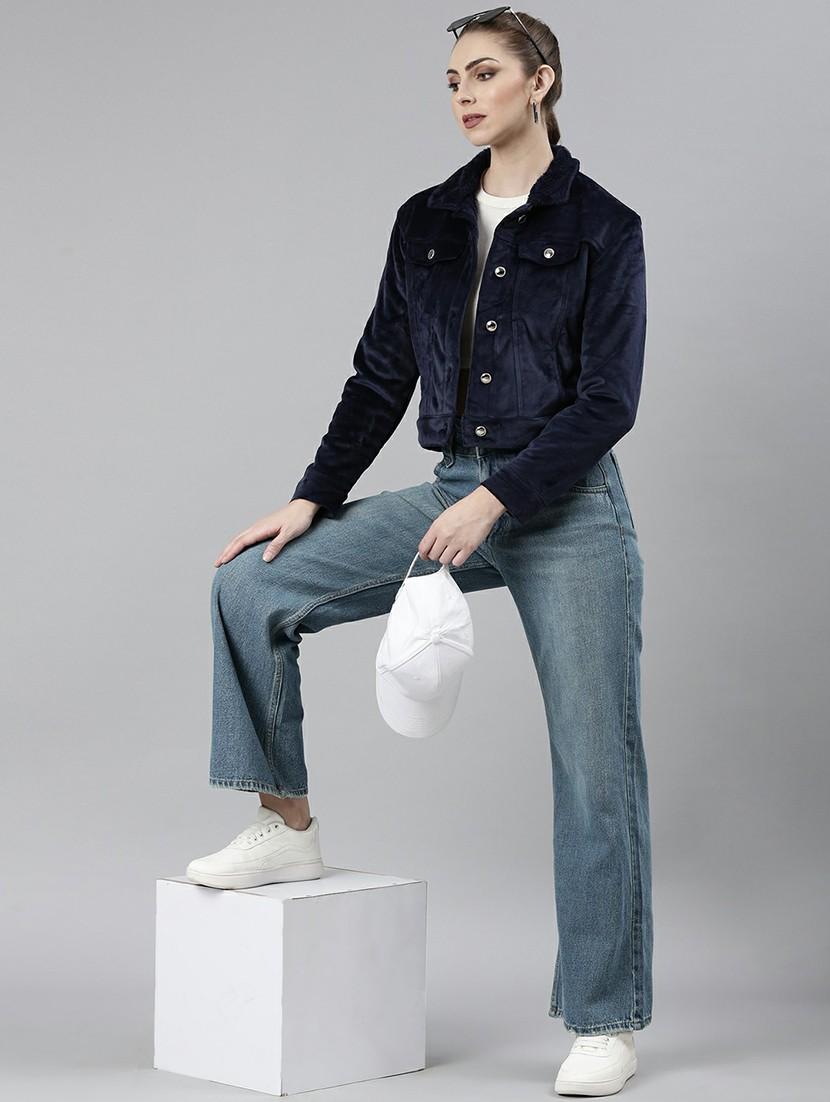 women navy blue solid regular jacket - 20610356 - Standard Image - 4