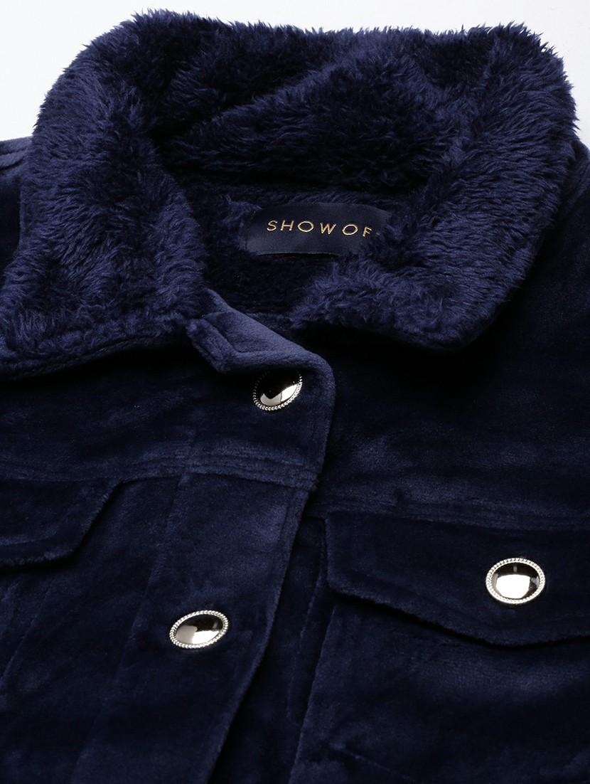 women navy blue solid regular jacket - 20610356 - Standard Image - 6