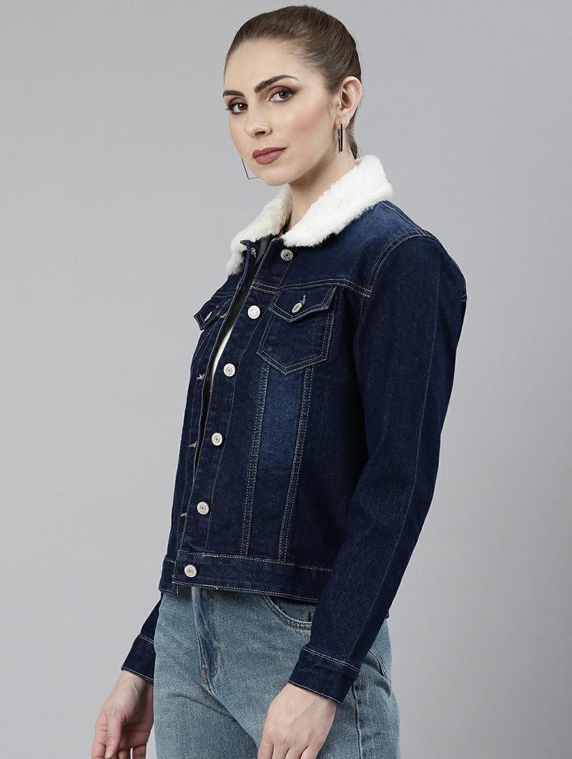 women navy blue solid denim jacket - 20610358 - Standard Image - 1
