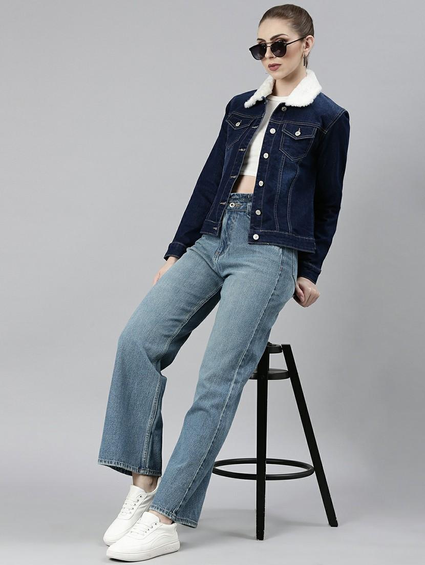 women navy blue solid denim jacket - 20610358 - Standard Image - 4