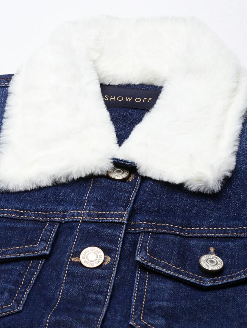 women navy blue solid denim jacket - 20610358 - Standard Image - 6