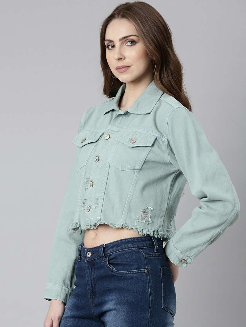 women sea green solid denim jacket - 20610361 -  Standard Image - 1