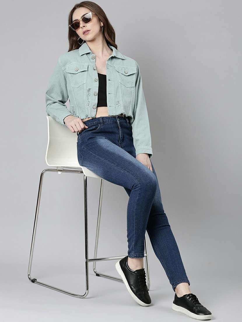 women sea green solid denim jacket - 20610361 -  Standard Image - 4