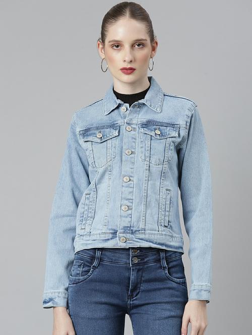 women light blue solid denim jacket - 20610370 - Standard Image - 0