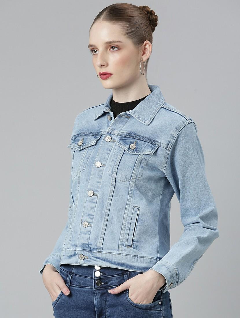 women light blue solid denim jacket - 20610370 - Standard Image - 1