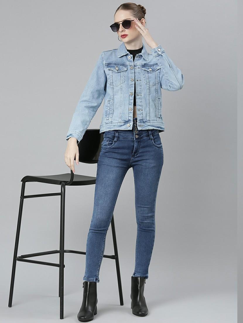 women light blue solid denim jacket - 20610370 - Standard Image - 4