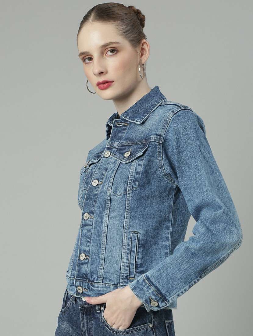 women blue solid denim jacket - 20610371 -  Standard Image - 1