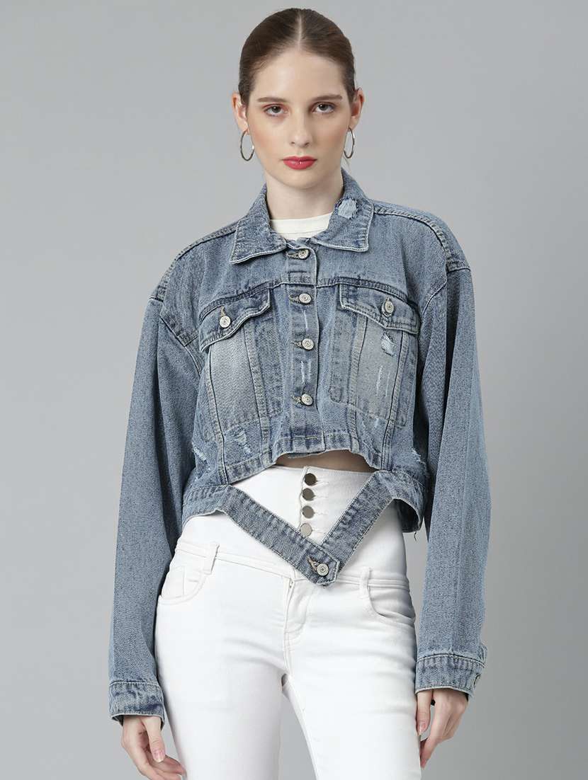 women blue solid denim jacket