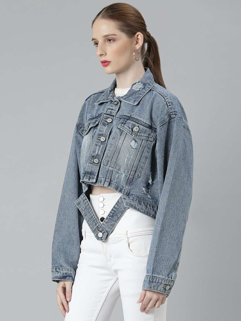 women blue solid denim jacket - 20610372 -  Standard Image - 1