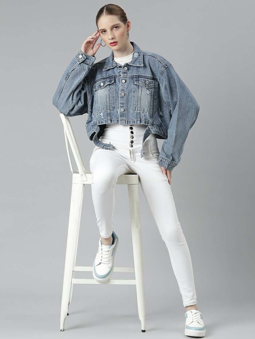 women blue solid denim jacket - 20610372 -  Standard Image - 4