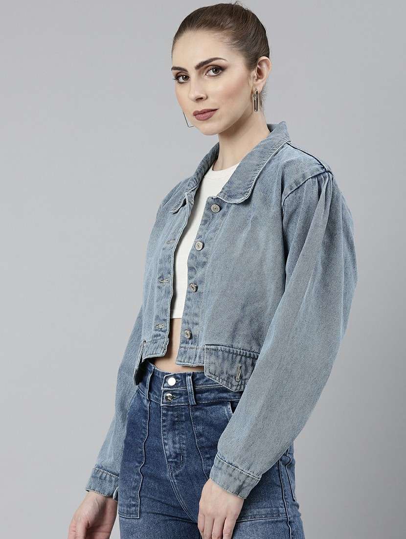 women blue solid denim jacket - 20610374 -  Standard Image - 1
