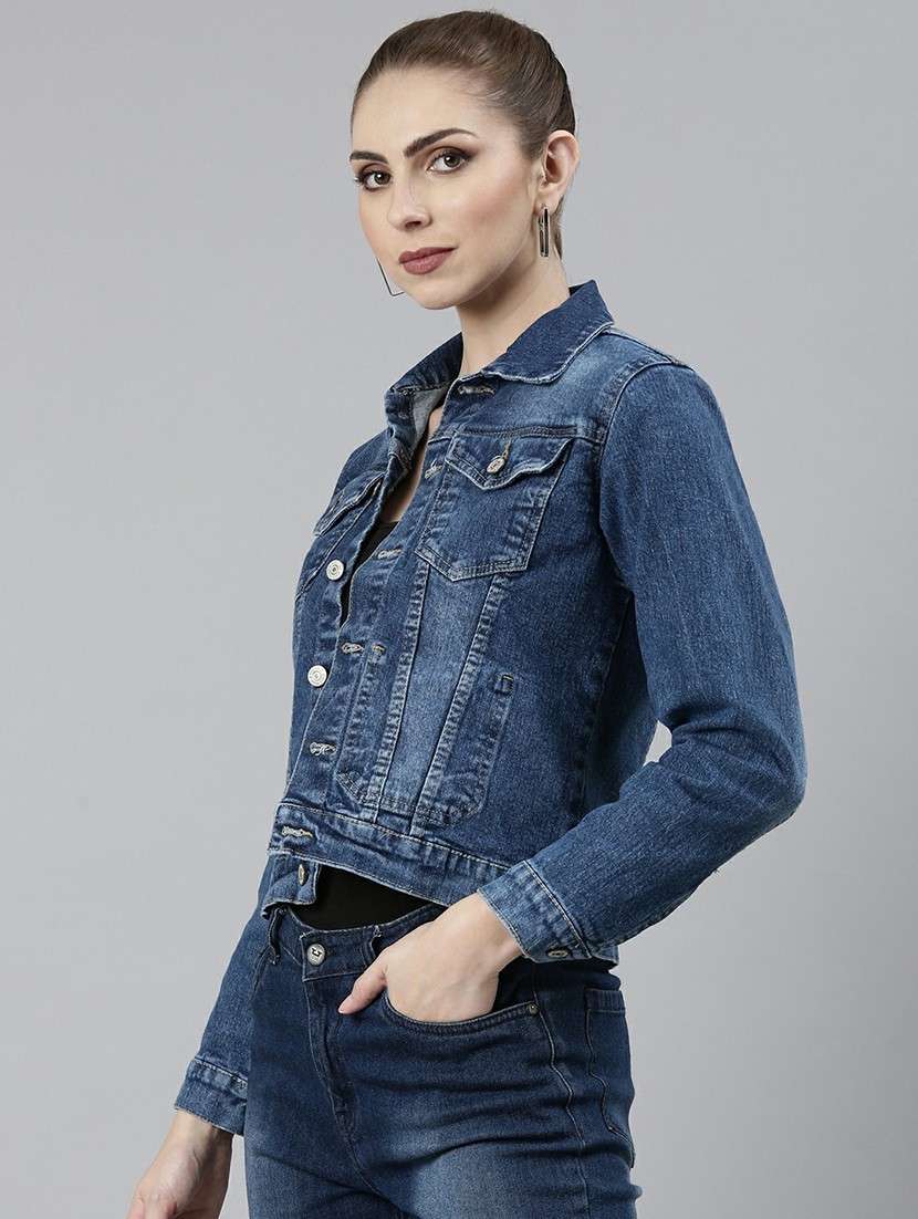 women navy blue solid denim jacket - 20610377 -  Standard Image - 1