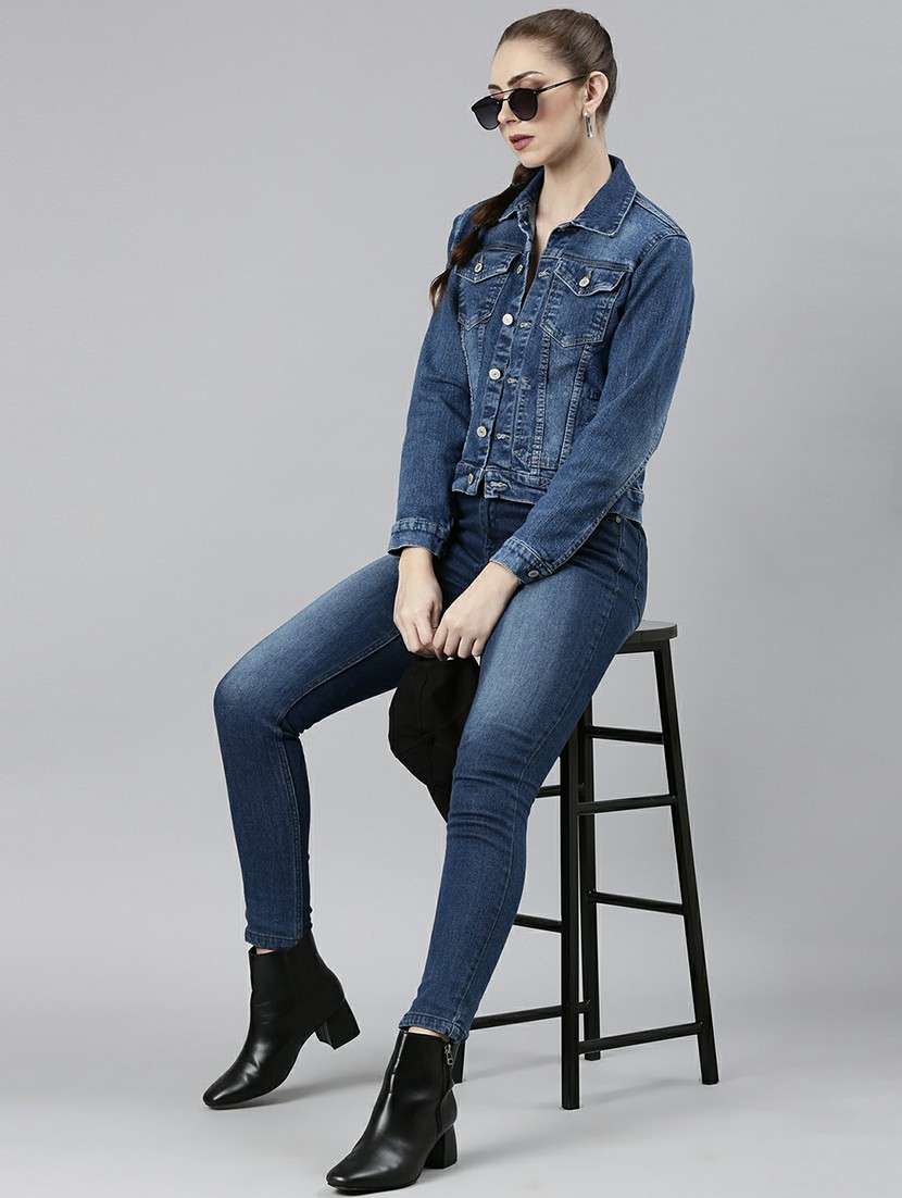 women navy blue solid denim jacket - 20610377 -  Standard Image - 4