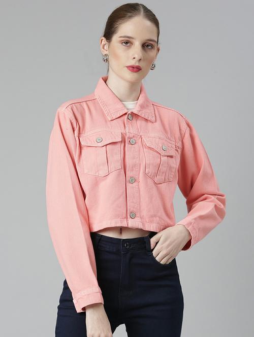 women coral solid denim jacket - 20610378 - Standard Image - 0
