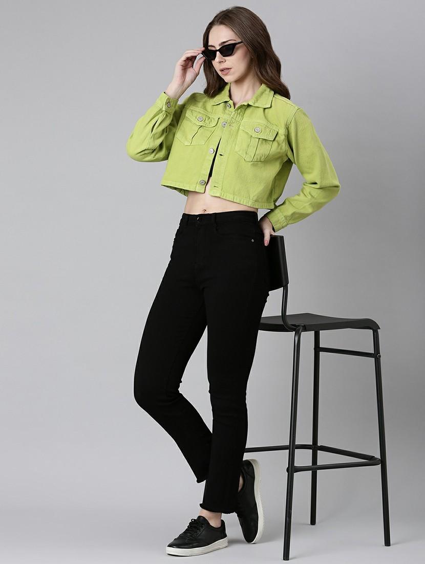 women lime solid denim jacket - 20610379 - Standard Image - 4